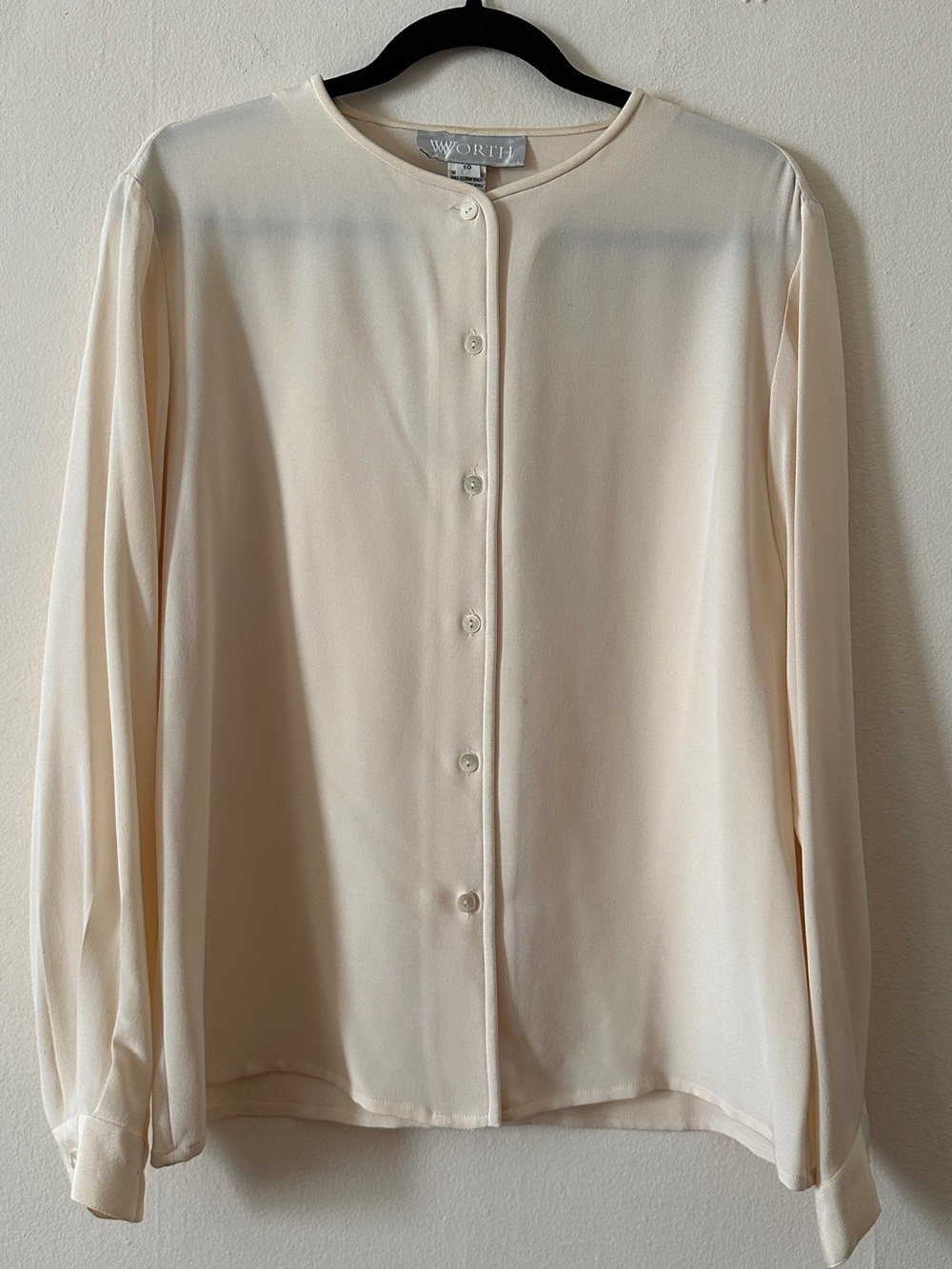 Vintage Cream Button-Front Long Sleeve Silk Blouse